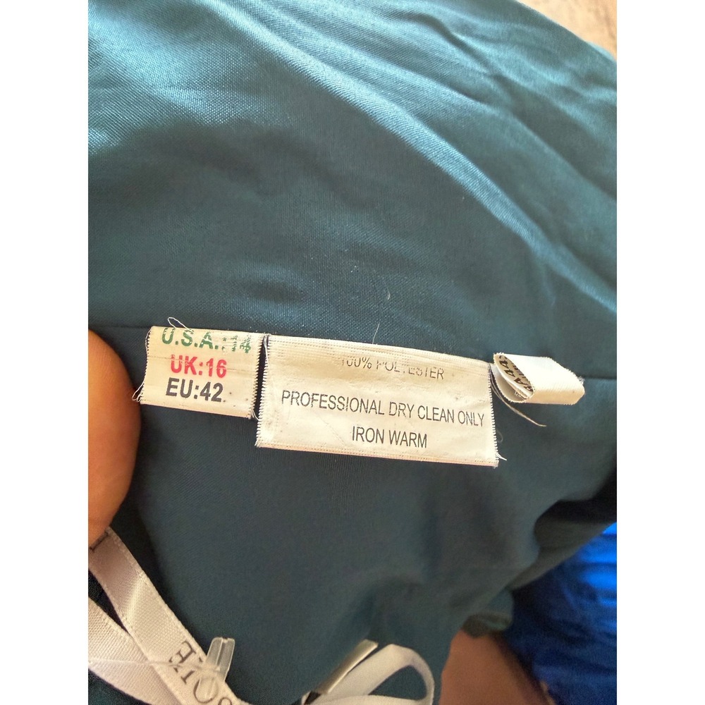 Belsoie Strapless Teal Satin Peplum Evening Gown Szโ 14 - Picture 4 of 11